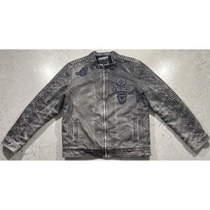 VTG Machine Faux Leather Jacket Mens Large Gray Full Zip Patches Moto Biker Y2K